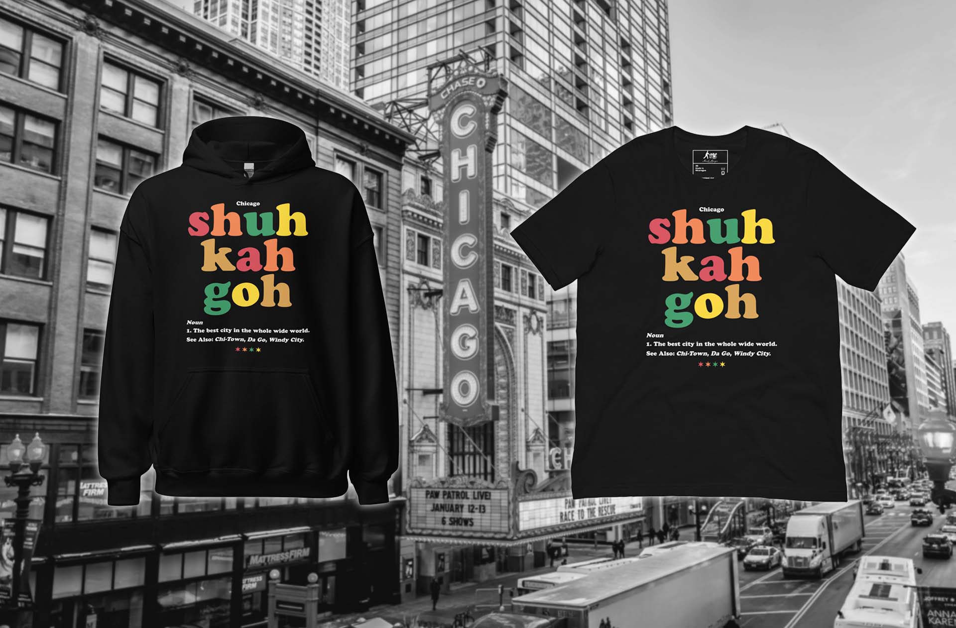 Chicago souvenir hoodie and t-shirt by Merch Monger