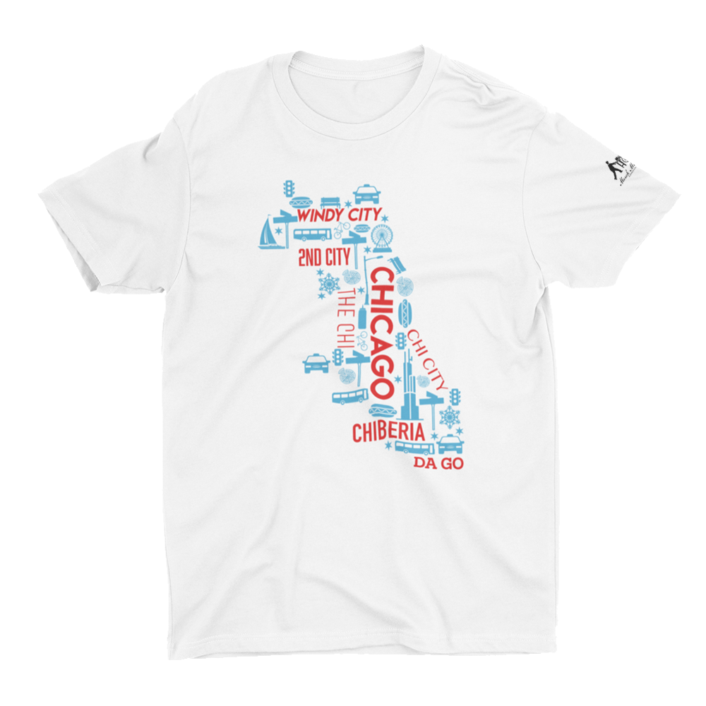 White T-Shirt with Chicago nicknames in blue and red
