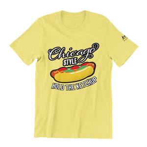 Yellow Shirt with Chicago Style Hot Dog