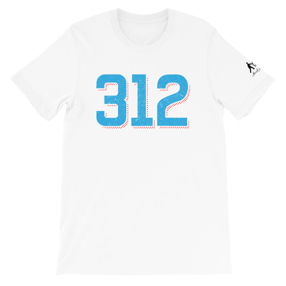 White T-shirt with 312 area code in Chicago Blue