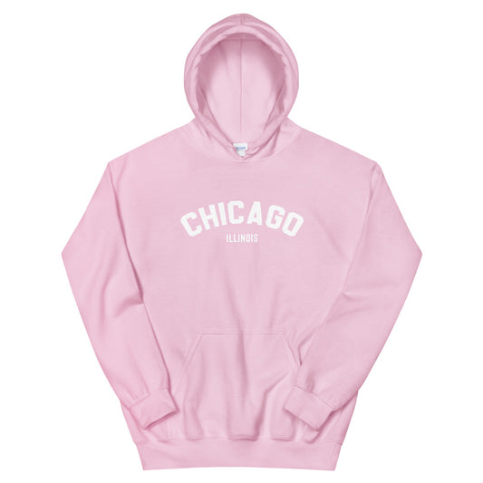 Pink Women's hoodie with Chicago Illinois on the front in white