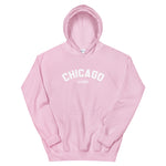 Pink Women's hoodie with Chicago Illinois on the front in white