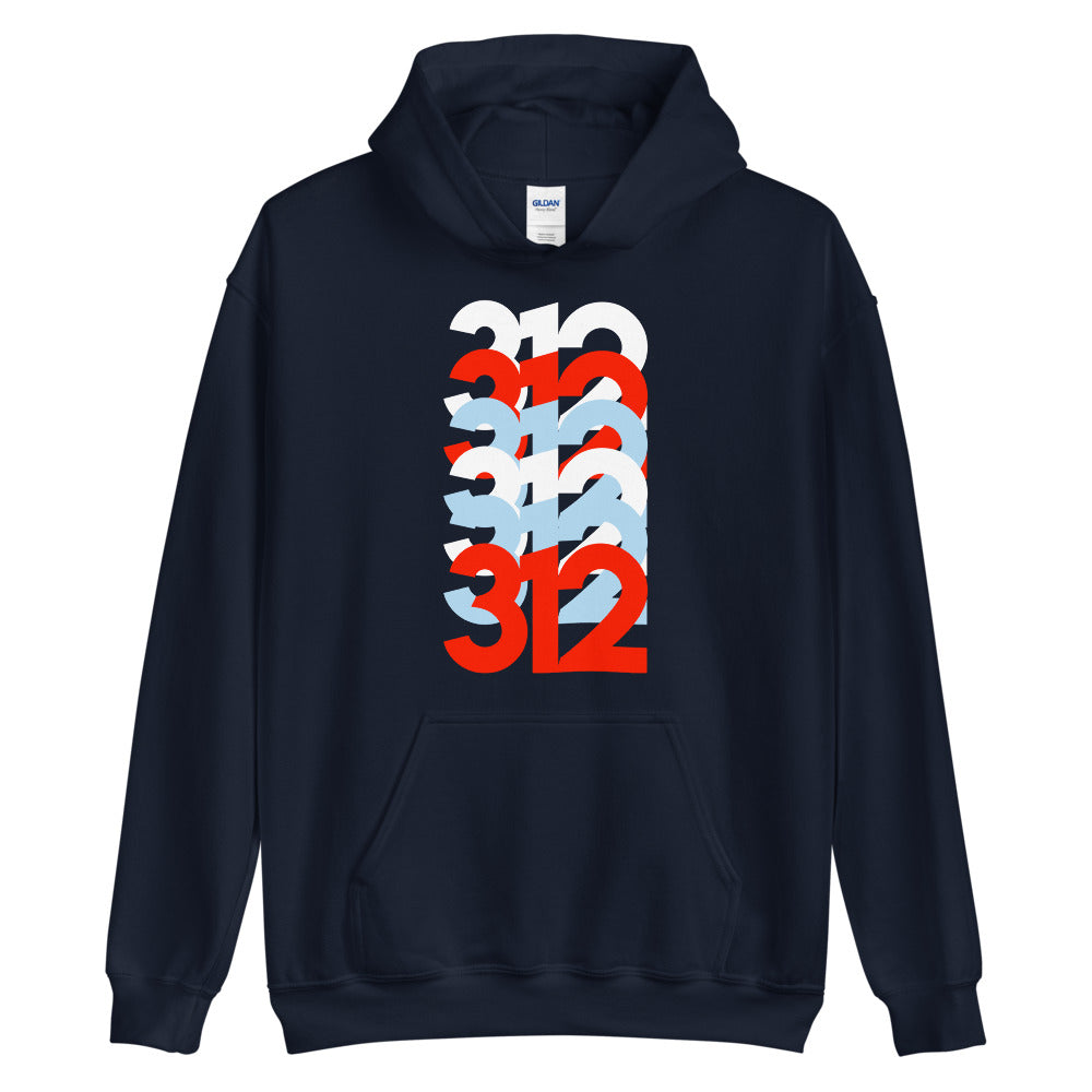 Navy blue hoodie with 312 Chicago Area Code on Front