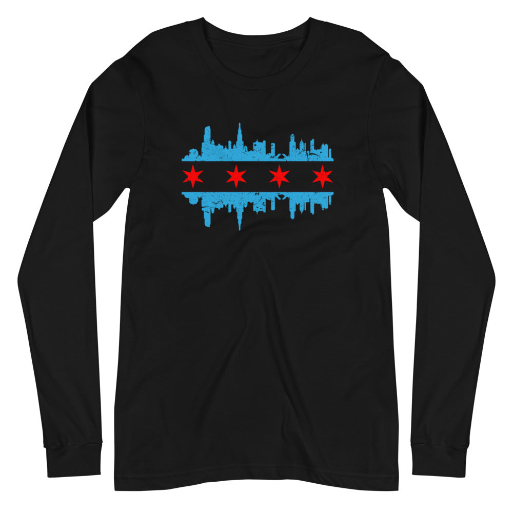 Chicago Skyline long sleeve black t-shirt with Light blue and red skyline