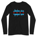 Chicago Skyline long sleeve black t-shirt with Light blue and red skyline